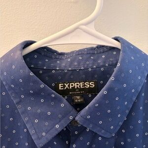 Express Modern Fit Blue Button-Down Shirt with White Dot Pattern